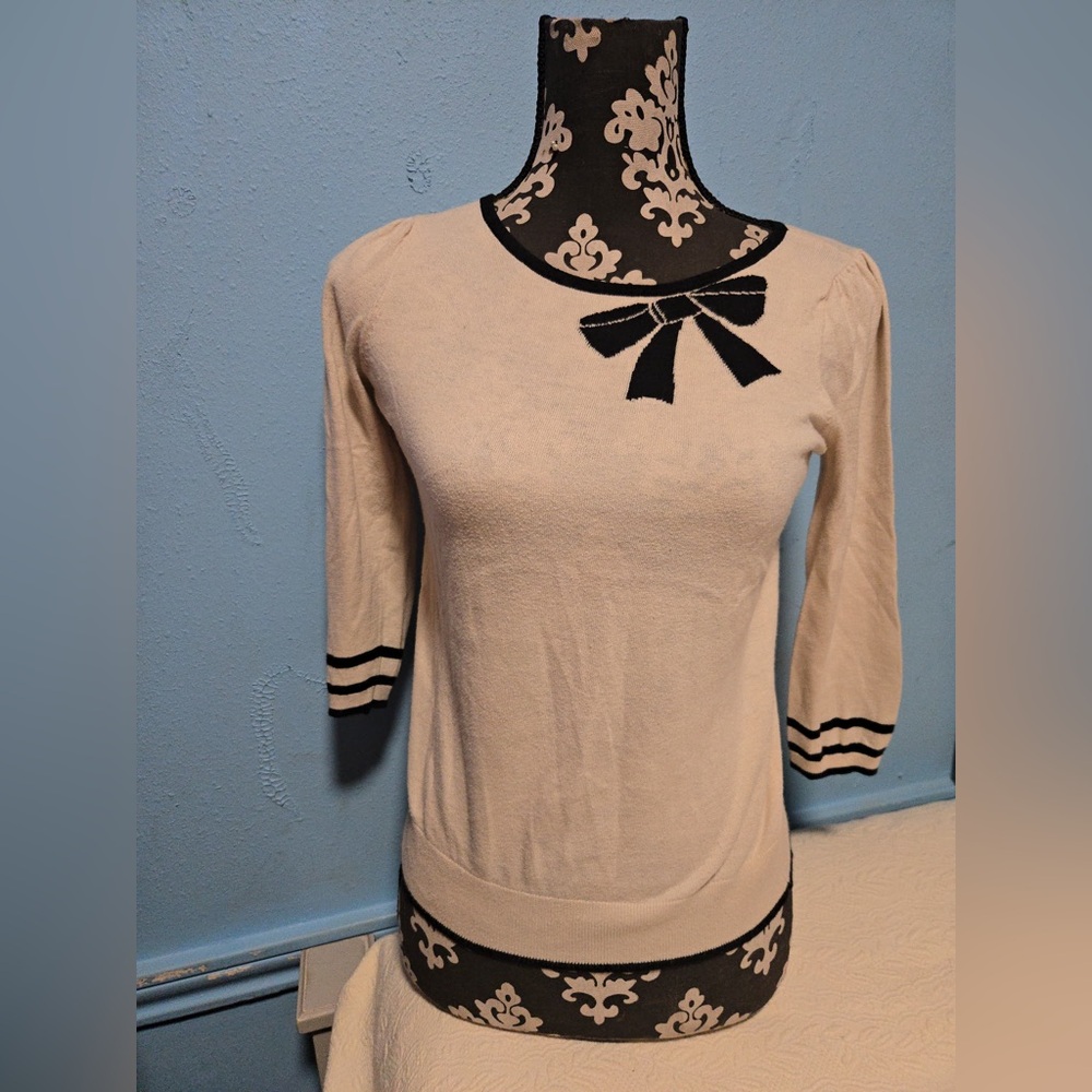 LOFT Cream Top with Black Bow Detail